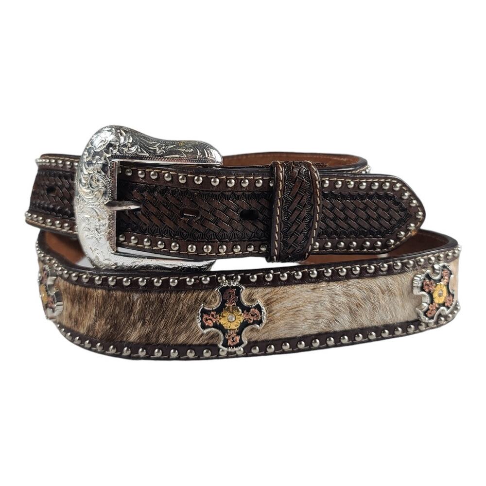 Ranger Belt Company Brown Black Silver Tone Cross Conchos Hand Tooled Belt 44